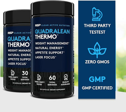 RSP Nutrition QuadraLean Thermogenic Fat Burner for Men & Women, Weight Loss Supplement, Crash-Free Energy, Metabolism Booster & Appetite Suppressant, Diet Pills, 60 Serv (Packaging May Vary)