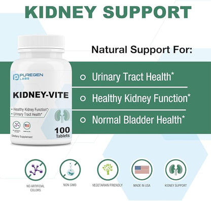 Puregen Labs Kidney-Vite | Premier Kidney, Renal Support | Non-GMO, Gluten-Free, No Artificial Color Additives - 100 Vegetarian Tablets