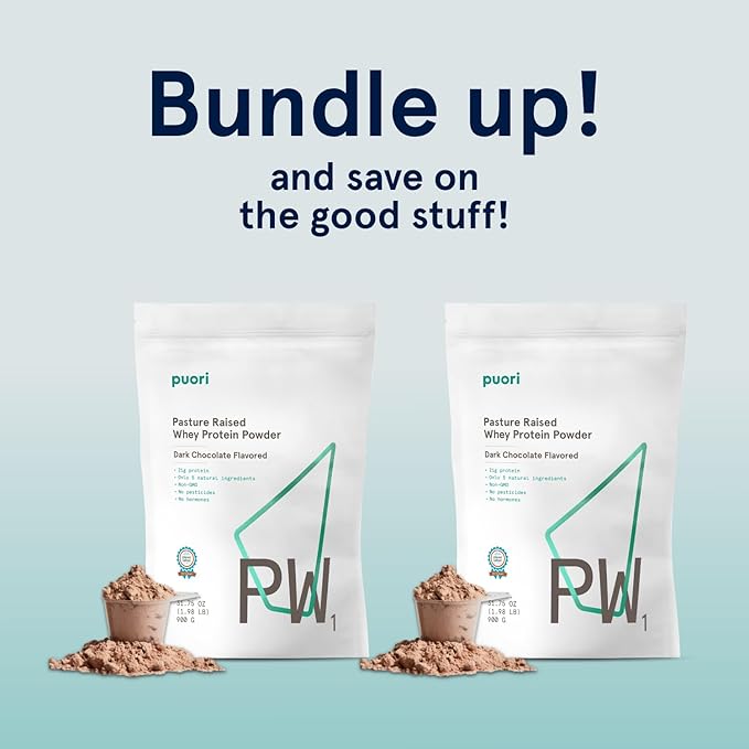 Puori Whey Protein Powder - Dark Chocolate - PW1 Pasture Raised, Grass-Fed & Non-GMO - 100% Natural and Pure for Muscle Growth - 21g Protein 1.98lbs - Gluten-Free