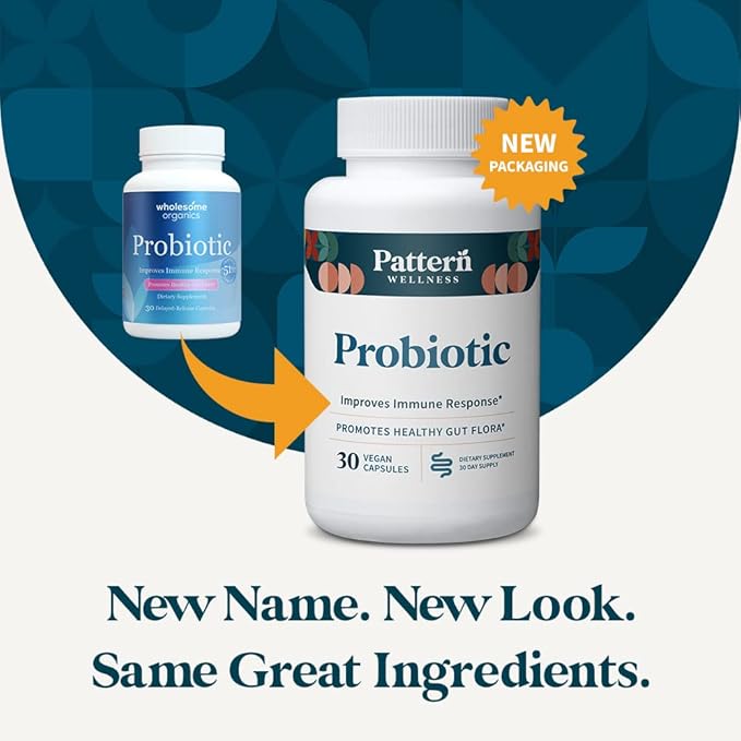 Pattern Wellness Probiotic Supplement - 51 Billion CFU - Promotes Healthy Gut Flora - Maintains Digestive Balance & Boosts Immune Health - All Natural, Non-GMO - 60 Vegan Capsules