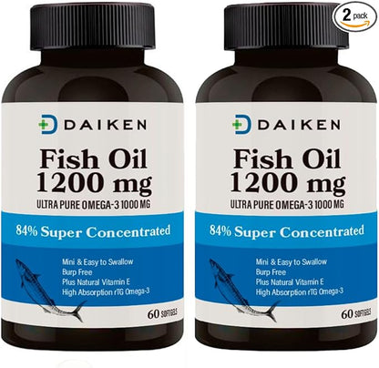 DAIKEN rTG Omega 3 1000mg, High Absorption & Burpless Fish Oil 1200 mg, Mini Fish Oil Softgels for Healthy Heart, Brain and Dry Eyes Support, 60 Small Softgels (Pack of 2)
