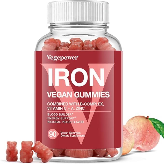 Vegan Iron Gummies Supplement - with Vitamin C, A, B-Complex, Folate, Zinc for Adults & Kids - Blood Builder & Energy Support for Iron Deficiency, Anemia, No After Taste - Peach Flavor (90 Ct)