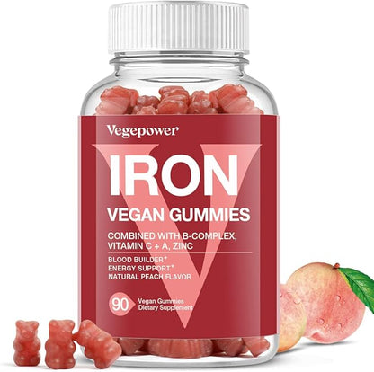 Vegan Iron Gummies Supplement - with Vitamin C, A, B-Complex, Folate, Zinc for Adults & Kids - Blood Builder & Energy Support for Iron Deficiency, Anemia, No After Taste - Peach Flavor (90 Ct)
