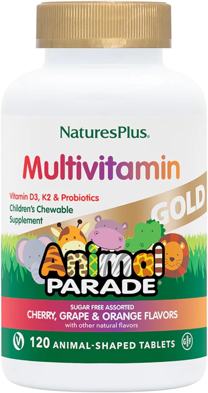 Natures Plus Animal Parade Gold Children's Multivitamin - 120 Animal-Shaped Chewable Tablets - Assorted Cherry, Orange & Grape Flavors - Vegan, Gluten Free - 60 Total Servings