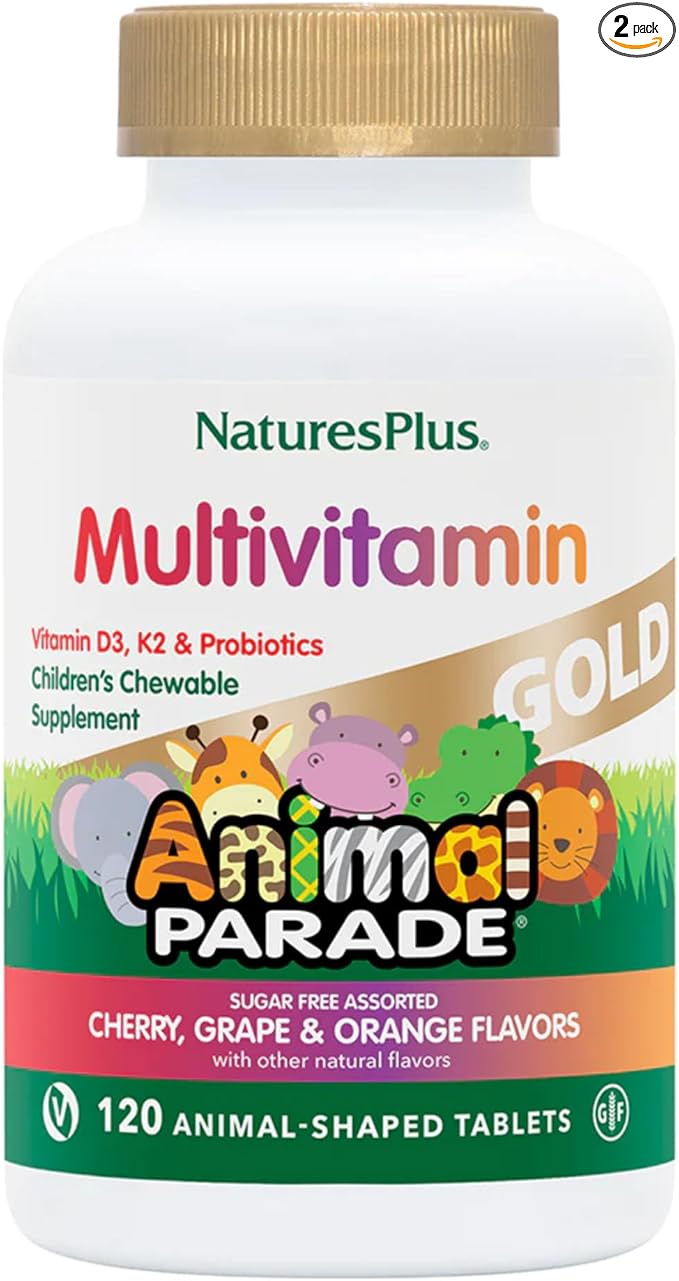 NaturesPlus Animal Parade Gold Children's Multivitamin - Assorted Cherry, Orange & Grape Flavors - 120 Animal-Shaped Chewable Tablets, Pack of 2 - Vegan, Gluten Free - 120 Total Servings