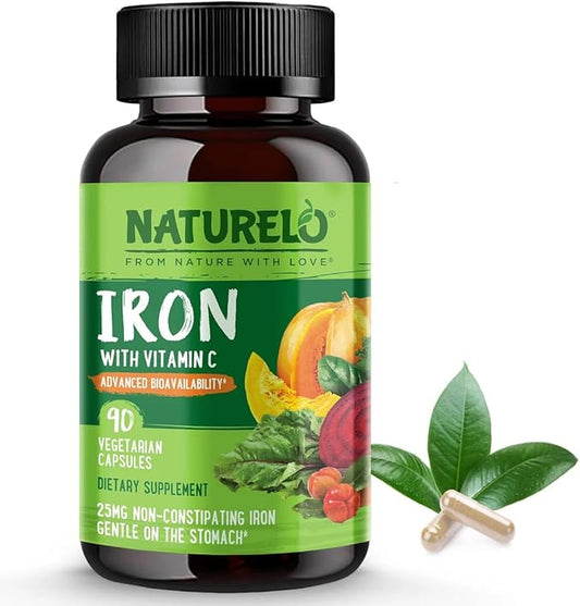NATURELO Vegan Iron Supplement with Vitamin C and Organic Whole Foods - Gentle Pills for Women & Men w/Iron Deficiency Including Pregnancy, Anemia Diets 90 Mini Capsules