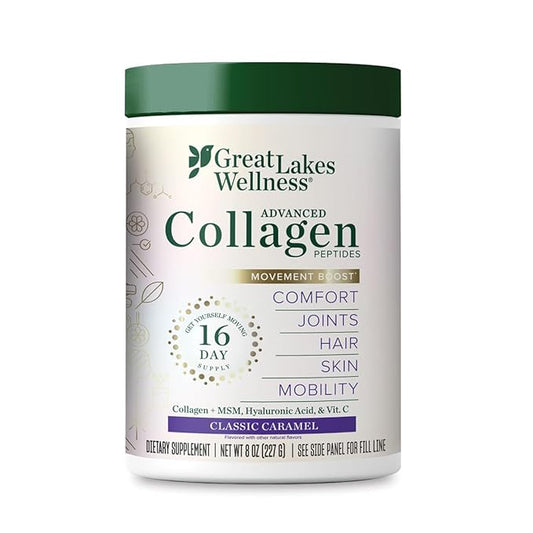 Great Lakes Wellness Movement Boost Advanced Collagen Peptides - MSM, Hyaluronic Acid, Vitamin C - Joint Mobility & Comfort - Caramel Flavor - Non-GMO, Keto, Kosher - 8 oz - Packaging May Vary