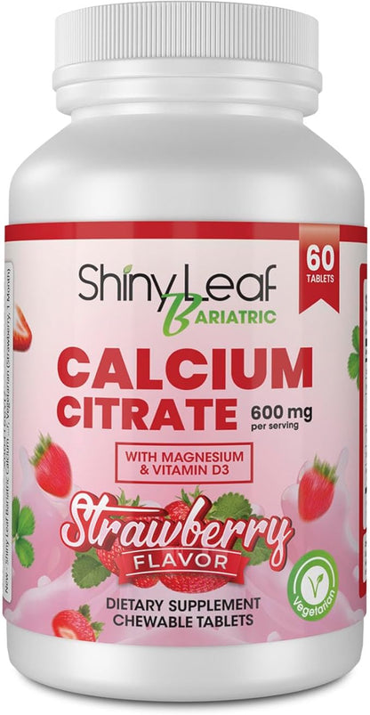 Shiny Leaf Bariatric Calcium Citrate 600mg - Supplement for Bariatric Surgery Patients, 180 Ct Chewable Tablets with Magnesium, Vitamin D3, Natural Strawberry Flavor, Vegetarian (3 Months)