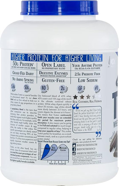 Body Nutrition Trutein High Protein Powder: 45% Whey, 45% Casein, 10% Egg White, Gluten-Free, Low Sodium, Grass Fed Whey Protein Powder, Gym Supplement & Breakfast Shake, Chocolate, 4lb