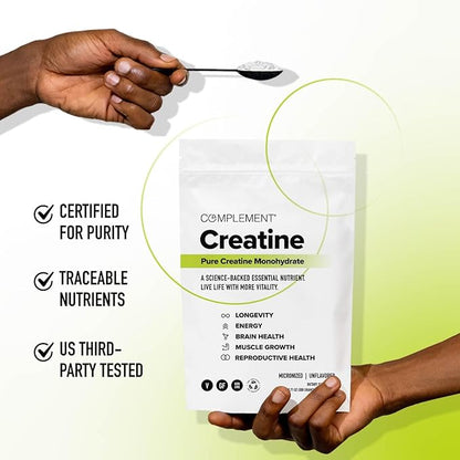 Complement Creatine Monohydrate Micronized Powder for Women and Men (5g, 60 Servings) Pre Workout, Post Workout, Muscle Recovery, Brain Health, Longevity- Vegan, Unflavored