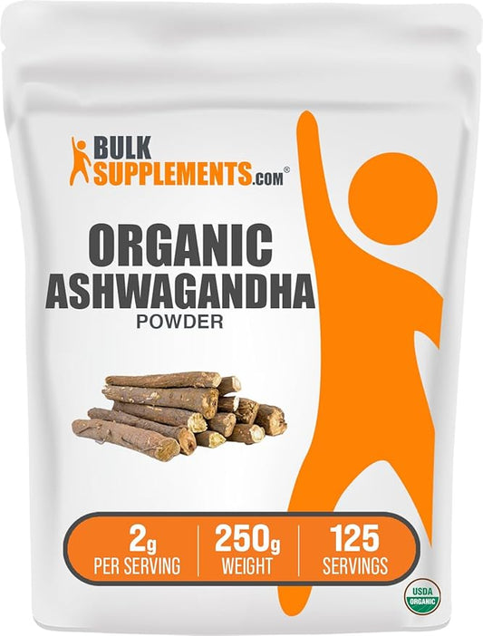 BulkSupplements.com Organic Ashwagandha Powder - Organic Ashwagandha Supplements, Sourced from Ashwagandha Root - Gluten Free, 2g per Serving, 250g (8.8 oz) (Pack of 1)