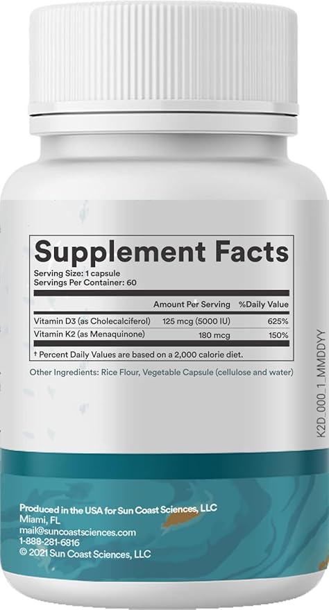 Sun Coast Science Sciences D3 Shield - Vitamin D3 5000 IU for Immune Support and Bone Health 60 Vegetarian Capsules K2 with 180mg Calcium Carbonate Maximum Absorption