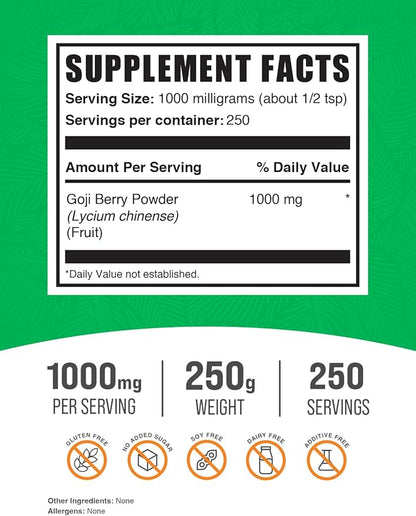 BulkSupplements.com Goji Berry Powder - Goji Berry Supplement, Wolfberry Powder - For Immune Support, Vegan & Gluten Free, 1000mg per Serving, 250g (8.8 oz) (Pack of 1)