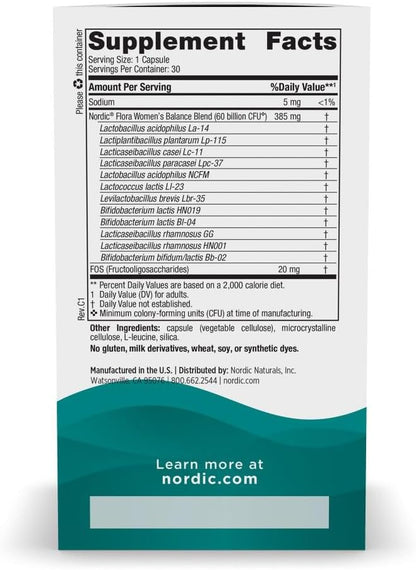 Nordic Naturals Nordic Flora Probiotic Women's Balance - 30 Capsules - 12 Probiotic Strains with 60 Billion Cultures - Intestinal Support, Vaginal Health - Vegan - 30 Servings