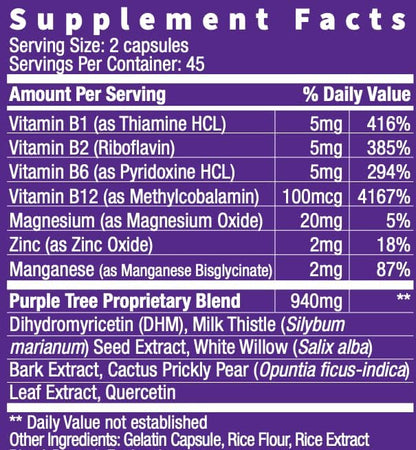 purple tree Post-Celebration Wellness | Liver Support, Body Replenisher, Rapid Hydration | Dihydromyricetin DHM, Milk Thistle, Electrolytes, Vitamin B, Willow Bark, Quercetin (90 Pills)