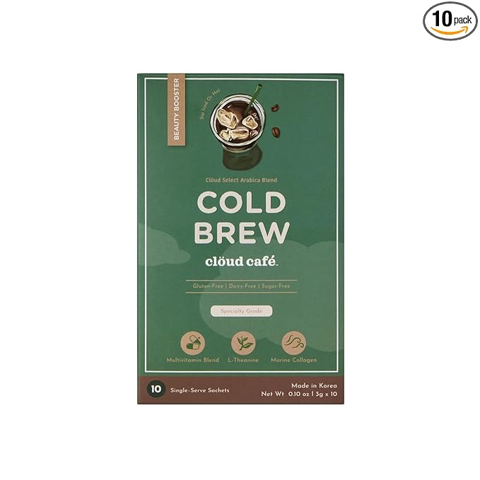 Clöud Café Collagen Infused Cold Brew Instant Coffee Packets - Hyaluronic Acid, Multivitamin Powder, & Marine Collagen Single Serve Instant Coffee Powder (10 Sachets)