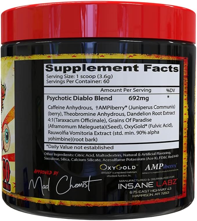 Insane Labz Psychotic Diablo Thermogenic Fat Burner for Men and Women with Grains of Paradise Theobromine Dandelion Root Extract Fueled by AMPiberry, Appetite Suppressant - 60 Servings