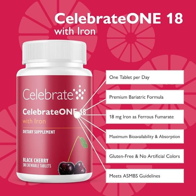 Celebrate Vitamins CelebrateONE 18 Chewables, 18mg Iron - One A Day Bariatric Multivitamin, Essential Vitamins & Minerals - Gastric Bypass & Sleeve Gastrectomy Supplement - Black Cherry (30 Tablets)