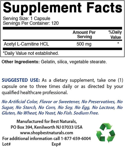 Best Naturals Acetyl L-Carnitine 500 Mg 120 Capsules (120 Count (Pack of 1))