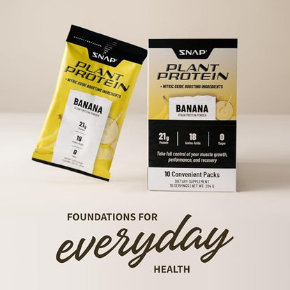 Snap Supplements 100% Plant Based Protein Powder Stick Packs with Nitric Oxide Booster (10 Pack, Banana)