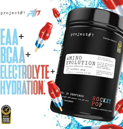 Project #1 AminoEVolution: Muscle Support & Recovery - BCAAs, EAAs, Electrolytes & Keto Friendly Energy Boost - Pre & Post Workout Powder for Men & Women - RocketPop Flavor - 30 Servings