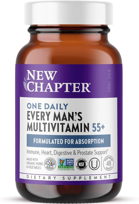 New Chapter Men's Multivitamin 50 Plus for Brain, Heart, Digestive, Prostate & Immune Support with 20+ Nutrients + Astaxanthin - Every Man's One Daily 55+, Gentle on The Stomach - 48 ct