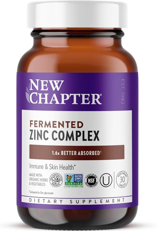 New Chapter Zinc Supplement, Fermented Zinc Complex, ONE Daily for Immune Support + Skin Health, Mineral-Balancing Formula Rich in Copper, Easy to Swallow & Digest, 30 Count (1 Month Supply)