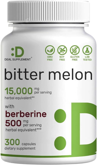 Bitter Melon with Berberine Supplement 15,000mg Per Serving, 300 Capsules | 15:1 Wild Bitter Melon Fruit Extract & Berberine HCL | Third Party Tested | Plant Based, Non-GMO