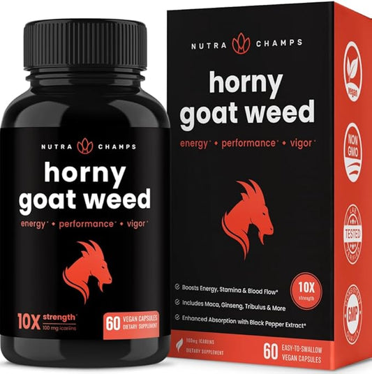 Horny Goat Weed for Men & Women | 1000mg Epimedium Energy Supplement | 10X Strength Icariin | Ginseng, Tribulus & Maca Pills for Women & Men | Enhanced Absorption with Black Pepper | 60 Vegan Capsules