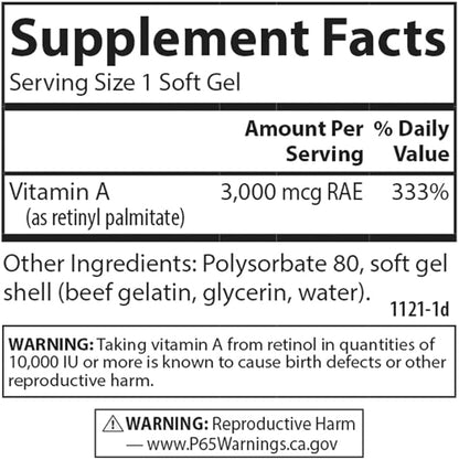 Carlson - Vitamin A Solubilized, 10000 IU (3000 mcg RAE), Water Soluble, Vision Health, 100 Softgels
