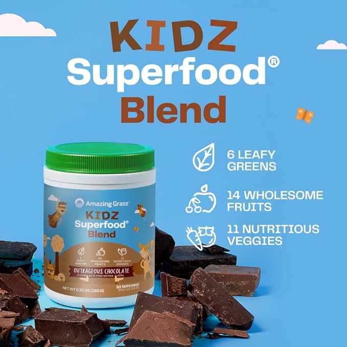 Amazing Grass Kidz Superfood: Organic Greens, Fruits, Veggies, Beet Root Powder & Probiotics for Healthy Kids, Outrageous Chocolate, 30 Servings, 6.35 Ounce (Pack of 1)