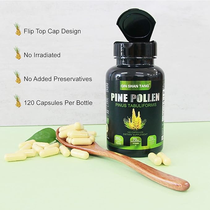 Pine Pollen Supplement wtih Ginger Root and Vitamin C, 99% Cracked Cell Wall,120 Veggie Capsules，Focus＆Immune Improve