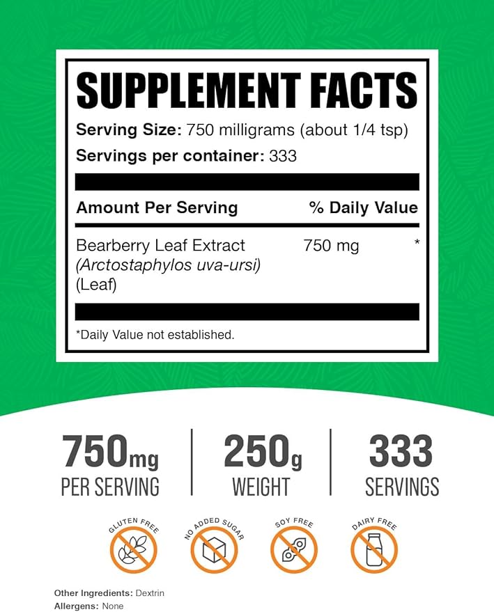 BulkSupplements.com Bearberry Leaf Extract Powder - Uva Ursi Extract, Bearberry Supplement, Bearberry Leaf Powder - Vegan & Gluten Free, 750mg per Serving, 250g (8.8 oz) (Pack of 1)