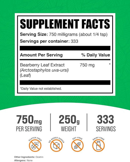 BulkSupplements.com Bearberry Leaf Extract Powder - Uva Ursi Extract, Bearberry Supplement, Bearberry Leaf Powder - Vegan & Gluten Free, 750mg per Serving, 250g (8.8 oz) (Pack of 1)