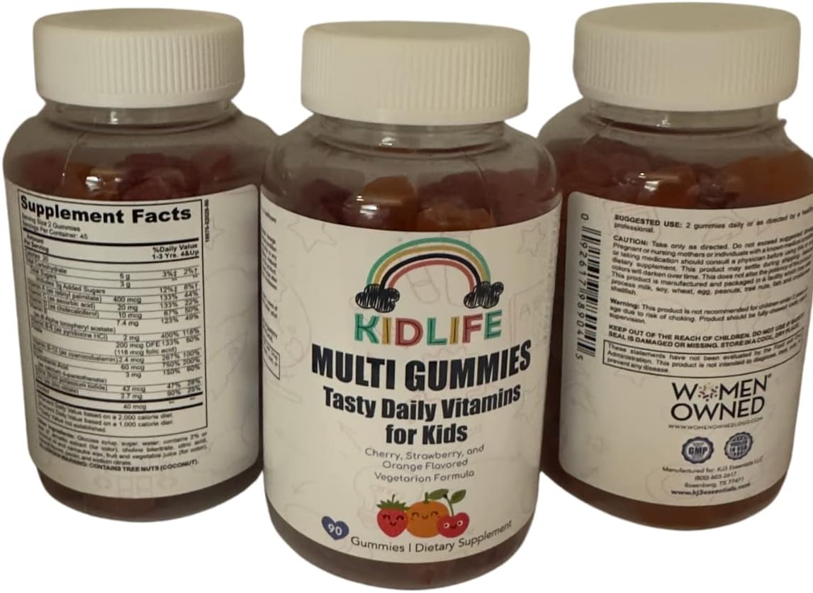 KJ3 Essentials KIDLIFE Daily Gummies- Vitamins for Kids 90 Count Vegan. Immune Support. Soft and Tasty