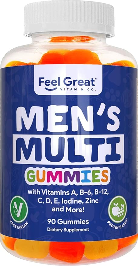 Feel Great Vitamin Co. Men's Multivitamin Gummies, Packed with Vitamin A, B-6, B-12, Biotin, C, D3, E, Iodine, Folic Acid, Zinc. Made in The USA. 45 Day Supply