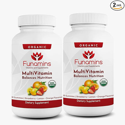 Organic Gummy MultiVitamins, 2-Pack, 60 Count Each; Blend of 11 Essential Nutrients, for Kids and Adults, Vegan, Assorted Strawberry, Lemon, Orange Flavors
