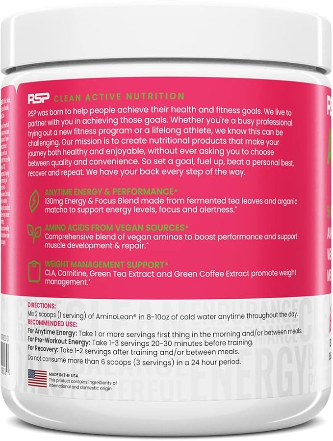 RSP Nutrition AminoLean Pre Workout Powder, Amino Energy & Weight Management with BCAA Amino Acids & Natural Caffeine, Preworkout Boost for Men & Women, 30 Serv