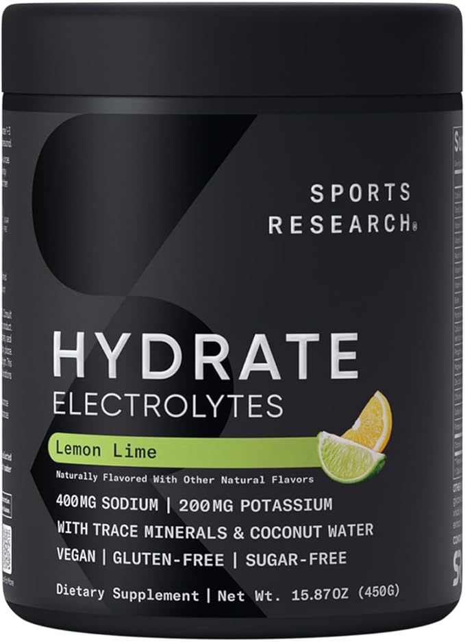 Sports Research Hydrate Electrolytes Powder - Sugar-Free & Naturally Flavored with Vitamins, Minerals, and Coconut Water - Supports Hydration - Lemon Lime