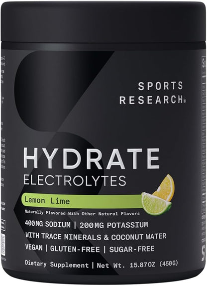 Sports Research Hydrate Electrolytes Powder - Sugar-Free & Naturally Flavored with Vitamins, Minerals, and Coconut Water - Supports Hydration - Lemon Lime