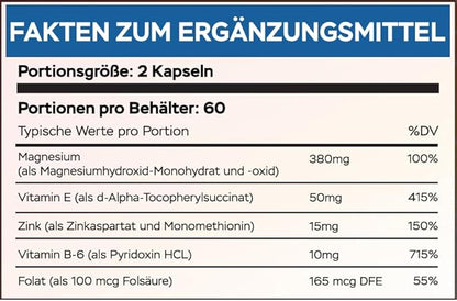 Magnesium Zinc Supplement with Vitamins B6, B9, High Absorption Zinc Magnesium Combination for Immune Support, Muscle Recovery, EZ-MG Easy on Stomach, 120 Capsules