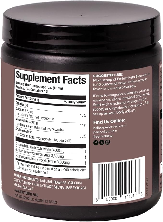 Perfect Keto Exogenous Ketones Powder, BHB Salts for Ketosis & Fasting Support, Electrolytes for Hydration, Caffeine Free Energy, Chocolate, 8.57 oz