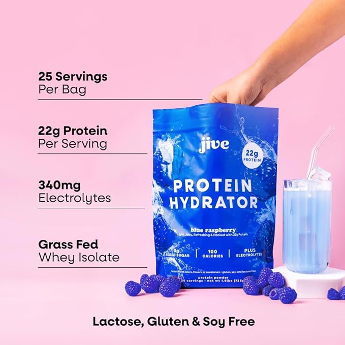 Jive Protein Hydrator Clear Protein Powder - w/Electrolytes, 22g Protein, 100 Calories & 25 Servings - Blue Raspberry - Grass Fed Clear Whey Isolate Protein - Clear Whey Protein Powder