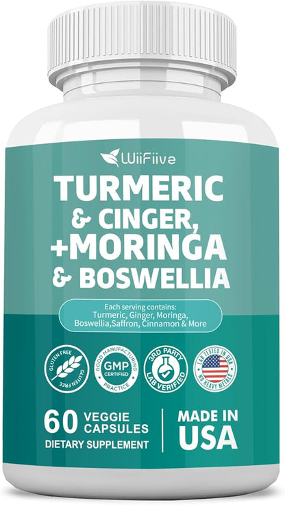 Turmeric Curcumin 30000mg Moringa 50000mg Boswellia 3000mg Cinger 3000mg Cinnamon Saffron Joint Support Supplement for Women and Men with Quercetin Holy Basil Garlic Nettle, 60 Capsules