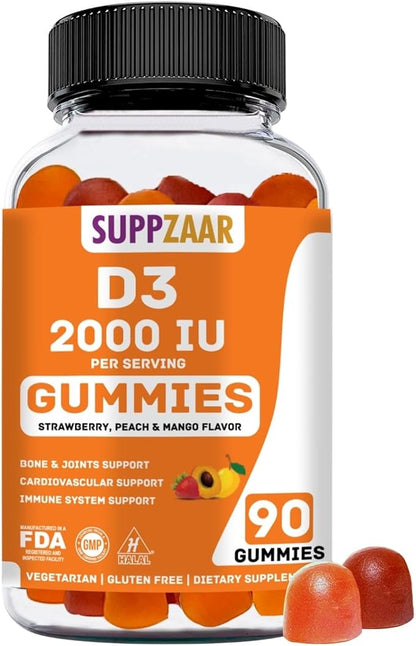 Vitamin D Gummies. Vegetarian Vitamin D3 Gummies Made for Adults & Kids for Immune Support, Bone & Joint Strength, & Heart Health. Non-GMO, Gluten-Free, and Gelatin-Free. 45-90 Servings