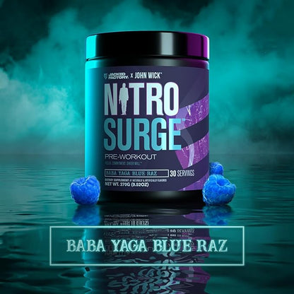 Jacked Factory X John Wick - Nitrosurge Wick Pre Workout Supplement - Intense Energy, Battle-Ready Focus, Unstoppable Commitment, and Sheer Will - 30 Servings, Baba Yaga Blue Raz