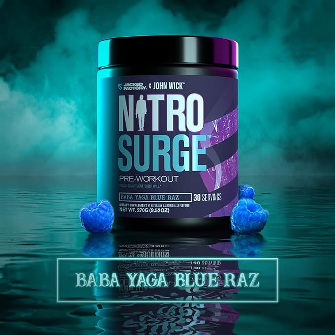 Jacked Factory X John Wick - Nitrosurge Wick Pre Workout Supplement - Intense Energy, Battle-Ready Focus, Unstoppable Commitment, and Sheer Will - 30 Servings, Baba Yaga Blue Raz