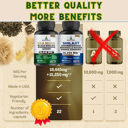 Sea Moss & Shilajit Multivitamin Bundle - Sea Moss 7000mg, Shilajit 9000mg, Black Seed Oil 4000mg, Ashwagandha 2000mg, Ginger & Rhodiola Rosea 1000mg, All in 1 Supplements
