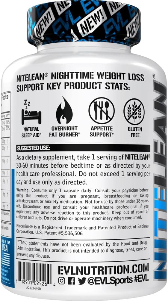 EVL Night Time Fat Burner Appetite Suppressant for Weight Loss Diet Pills - Natural Rest Aid, Metabolism Booster for Weight Loss for Women & Men - NiteLean Weight Loss Supplements (30 Servings)