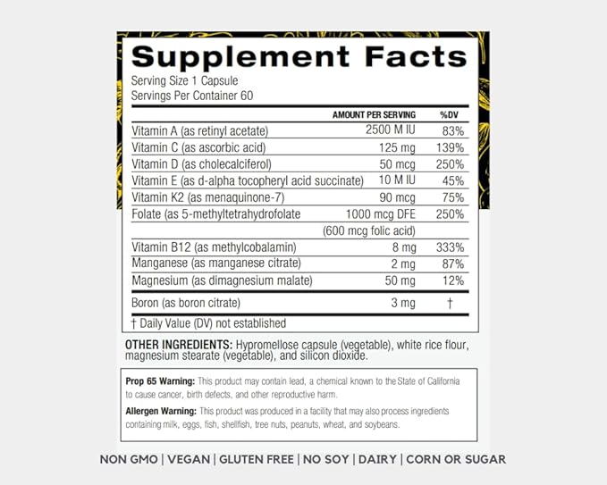 PALO Essential+ Adult One Daily Ritual Multivitamin with Vitamins D3, K2 (as MK7), B12, E, Folate, Minerals Boron and Magnesium and More (60 Capsules, 2 Month Supply)